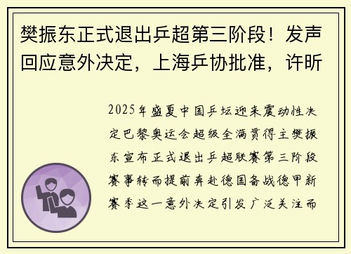 樊振东正式退出乒超第三阶段！发声回应意外决定，上海乒协批准，许昕祝福盼其归来