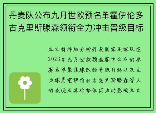 丹麦队公布九月世欧预名单霍伊伦多古克里斯滕森领衔全力冲击晋级目标